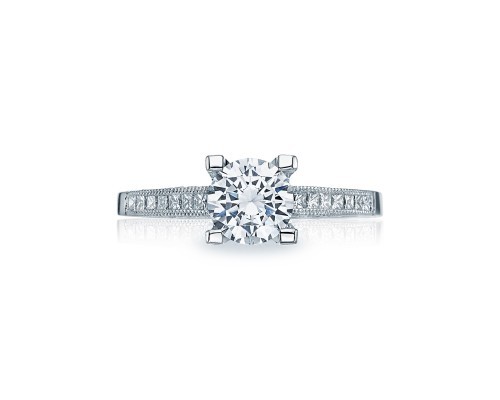 14K WHITE GOLD THREE STONE MOUNTING WITH .50CTTW EMERLAD CUT SI1 CLARITY & GH COLOR DIAMONDS SET ON THE SIDES (FOR A 2CT EMERALD CUT CENTER)