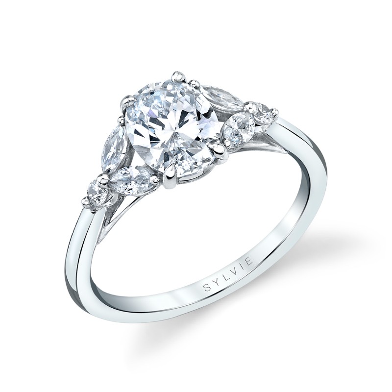 14K WHITE GOLD  SEMI MOUNTING WITH .33CTTW SI CLARITY & GH COLOR ROUND AND MARQUISE DIAMONDS  FOR A 1.50CT OVAL