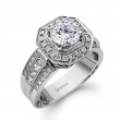 14K WHITE GOLD KNIFE EDGE SEMI MOUNT WITH .11CTTW SI CLARITY & GH COLOR DIAMONDS IN THE HIDDEN HALO AND PRONGS FOR A 2CT ROUND