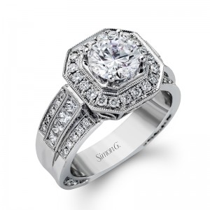 14K WHITE GOLD KNIFE EDGE SEMI MOUNT WITH .11CTTW SI CLARITY & GH COLOR DIAMONDS IN THE HIDDEN HALO AND PRONGS FOR A 2CT ROUND
