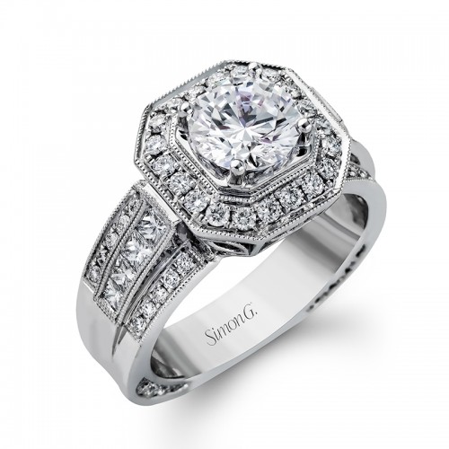 14K WHITE GOLD KNIFE EDGE SEMI MOUNT WITH .11CTTW SI CLARITY & GH COLOR DIAMONDS IN THE HIDDEN HALO AND PRONGS FOR A 2CT ROUND