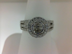 14K YELLOW GOLD BEZEL SEMI MOUNTING WITH .47CTTW ROUND VS CLARITY & FG COLOR DIAMONDS SET DOWN THE SHANK, BRIDGE AND HALO (1.5CT OVAL CENTER)