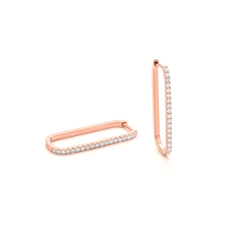 14K ROSE GOLD ELONGATED RECTANGLE SHAPED HOOP EARRINGS WITH .32CTTW ROUND SI CLARITY & GH COLOR DIAMONDS