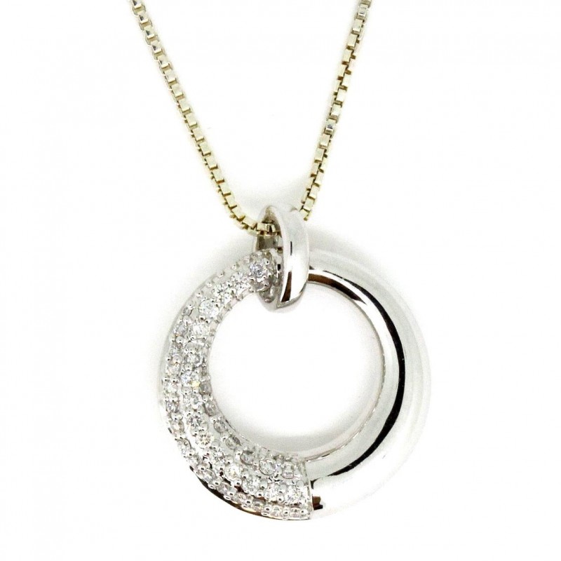 14K WHITE GOLD BAR PENDANT WITH .40CTTW I1 CLARITY & HI COLOR BAGUETTE DIAMONDS AND .17CTTW ROUND DIAMONDS SET IN THE HALO ON A CABLE CHAIN