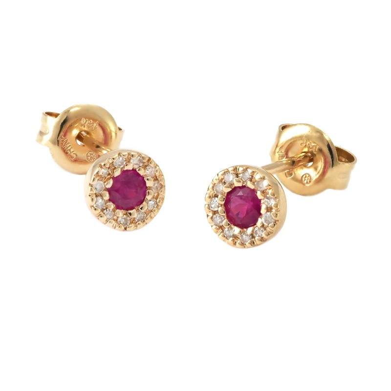 RUBY W/ DIAMOND STUD HALO EARRING (14KYG)
