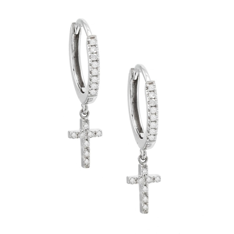 MINI DIAMOND HOOP EARRING W/ CROSS CHARM (14KWG)
