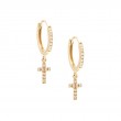 MINI DIAMOND HOOP EARRING W/ CROSS CHARM (14KYG)