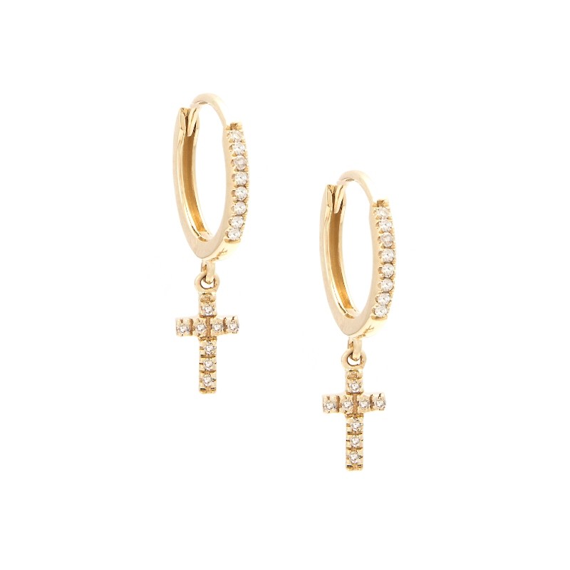 MINI DIAMOND HOOP EARRING W/ CROSS CHARM (14KYG)