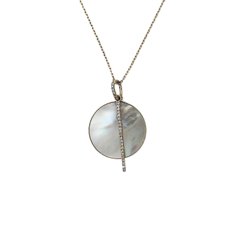 14K YELLOW GOLD ROUND WHITE MOTHER OF PEARL PENDANT WITH .08CTTW ROUND SI CLARITY & GH COLOR DIAMOND SET ON THE BAR AND BAIL ON A 16/18