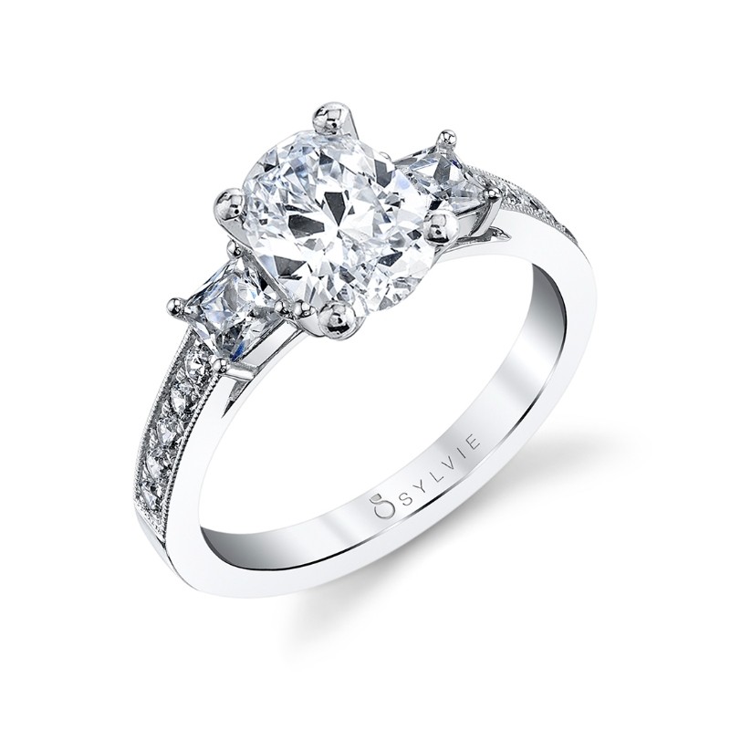 Oval Cut Three Stone Engagement Ring With Princess Side Stones - Eva