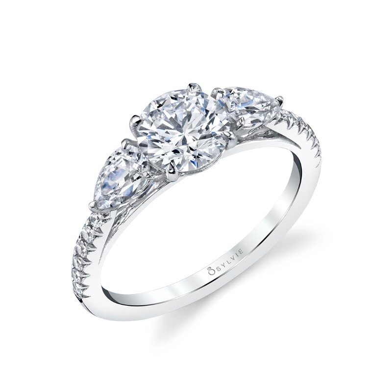 Round Cut Three Stone Engagement Ring With Pear Shaped Side Stones - Vanna