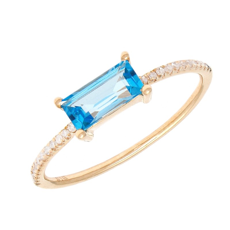 THIN BLUE TOPAZ BAR SHAPE RING W/ DIA. (14KYG)
