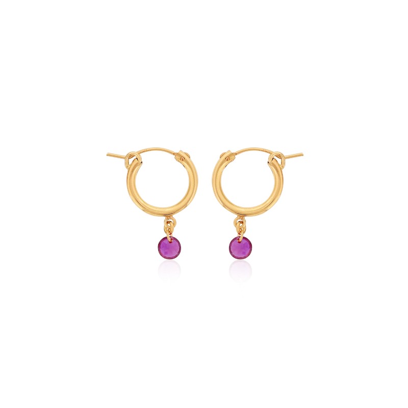 DEE BERKLEY GOLD FILLED SMALL CHUNKY HOOPS WITH RUBY GEMSTONE DROPS