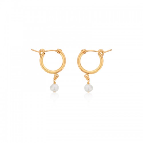DEE BERKLEY GOLD FILLED SMALL CHUNKY HOOPS WITH PEARL GEMSTONE DROPS
