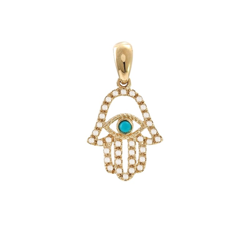 TURQUOISE AND DIAMOND FASHION HAND PENDANT (14K)