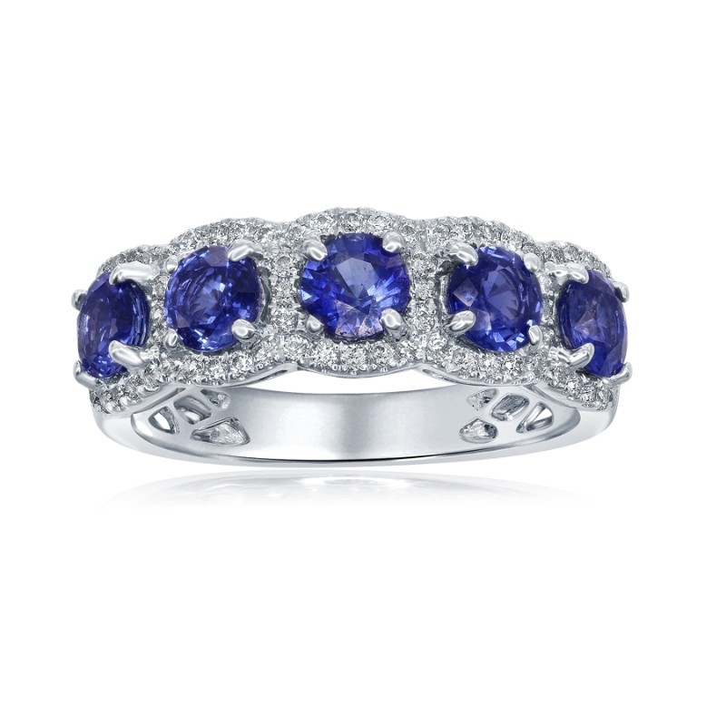 14K White Gold 5-Stone Sapphire Diamond Halo Gemstone Ring