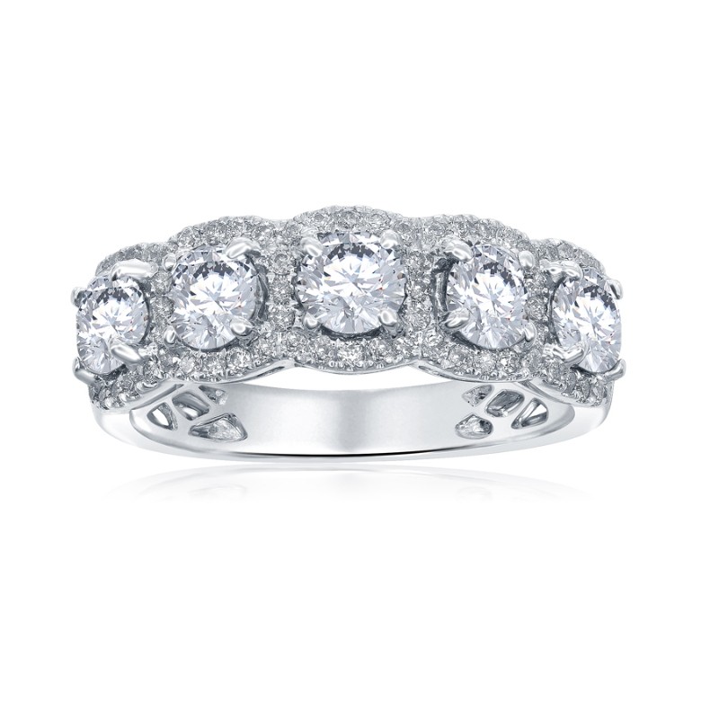 14K White Gold 5-Stone Diamond Halo Anniversary Band