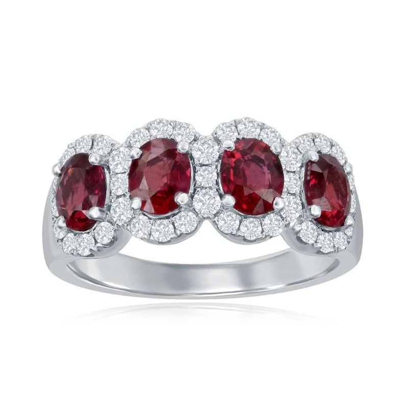 14K White Gold Four Stone Halo Gemstone Ring
