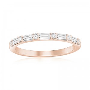 14K Rose Gold Alternating Baguette and Round Diamond Band