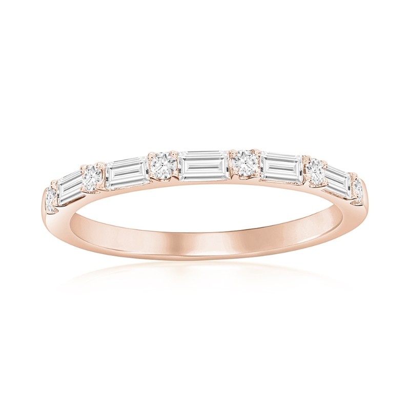 14K Rose Gold Alternating Baguette and Round Diamond Band