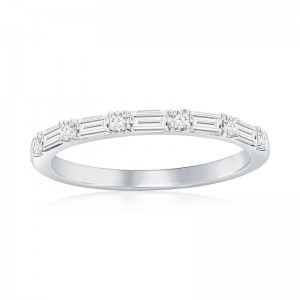 14K White Gold Alternating Baguette and Round Diamond Band