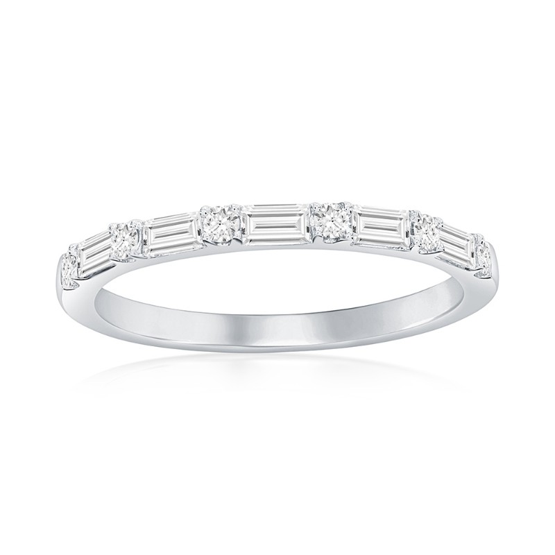 14K White Gold Alternating Baguette and Round Diamond Band