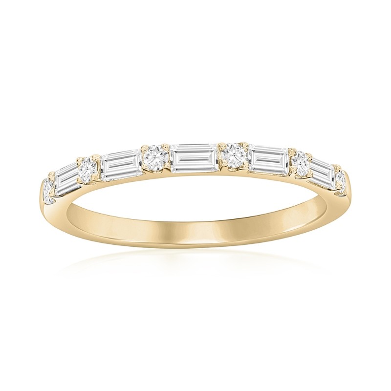 14K Yellow Gold Alternating Baguette and Round Diamond Band