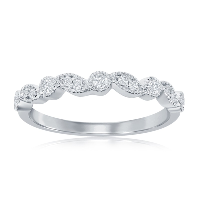 14K White Gold Miligrain Alternating Diamond Band