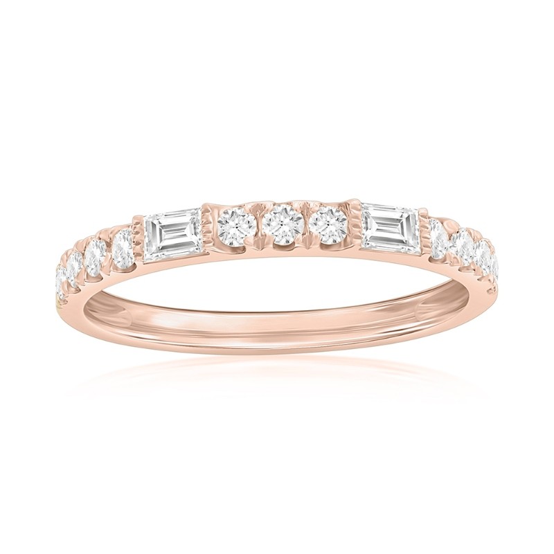 14K Rose Gold Baguette and Round Diamond Band