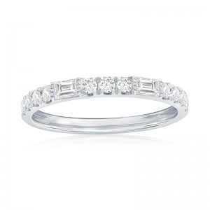 14K White Gold Baguette and Round Diamond Band