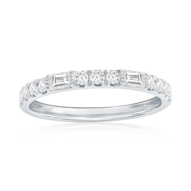 14K White Gold Baguette and Round Diamond Band