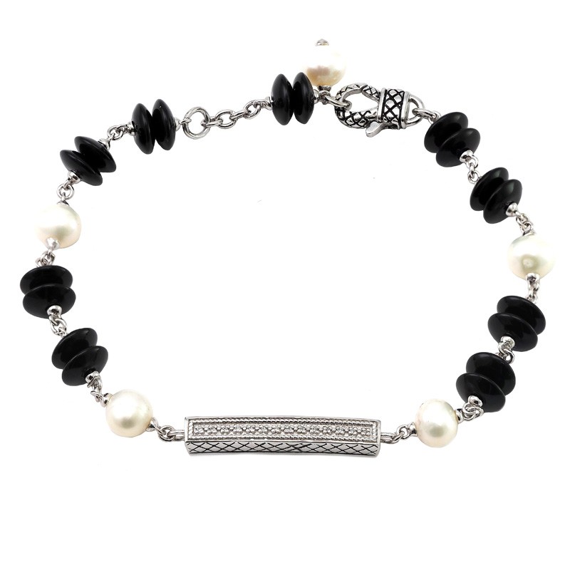 Silver Diamond/Onyx/Pearl Bracelet (7