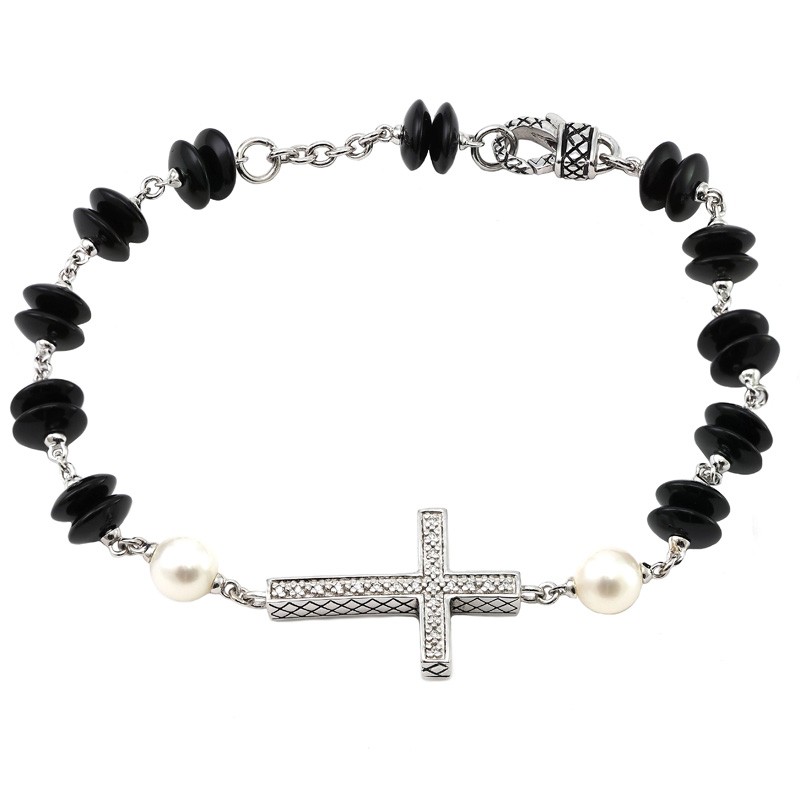 Silver Diamond/Onyx/Pearl Bracelet (7