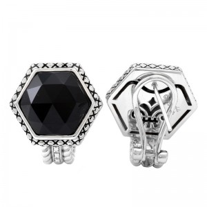 Sterling Silver Trebol Hexagon Bezel Onyx Earring