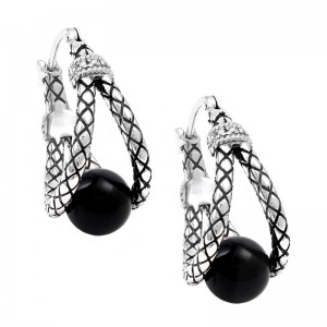 Sterling Silver Trebol Round Pave Onyx Earring