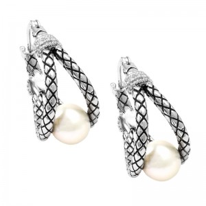 Sterling Silver Trebol Round Pave Pearl Earring