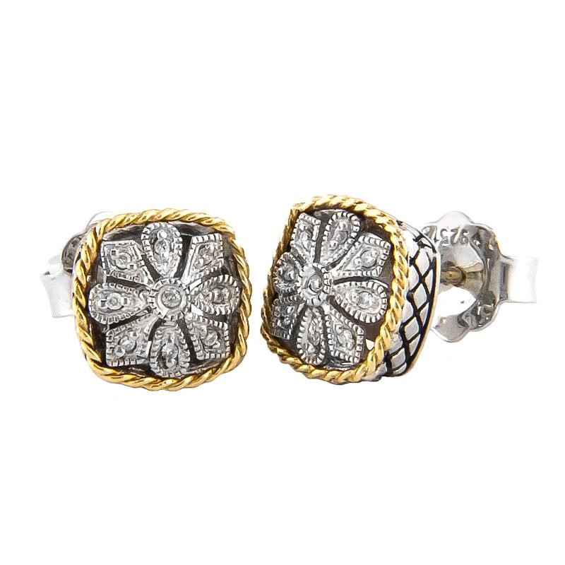 18K/Silver Dia Antique Sq Flower Earrings