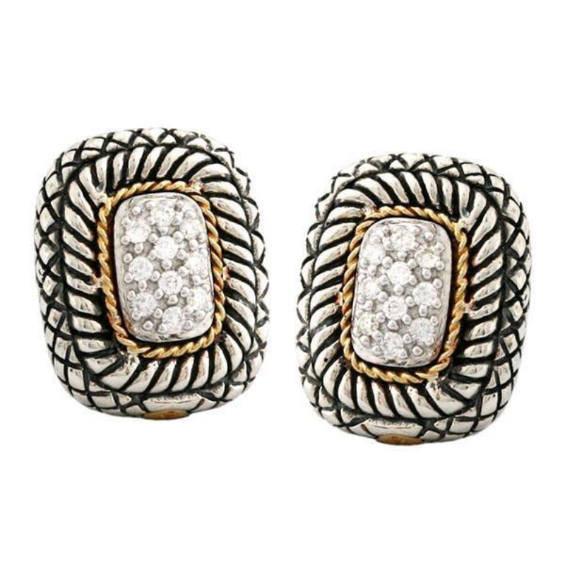 HALF PAIR ANDREA CANDELA STERLING SILVER & 18K YELLOW GOLD RECTANGLE OMEGA BACK EARRING WITH DIAMOND PAVE CENTER