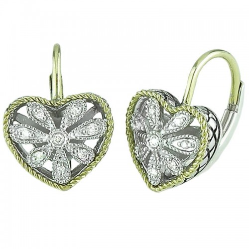 18K/Silver Dia Antique Heart Flower Earrings