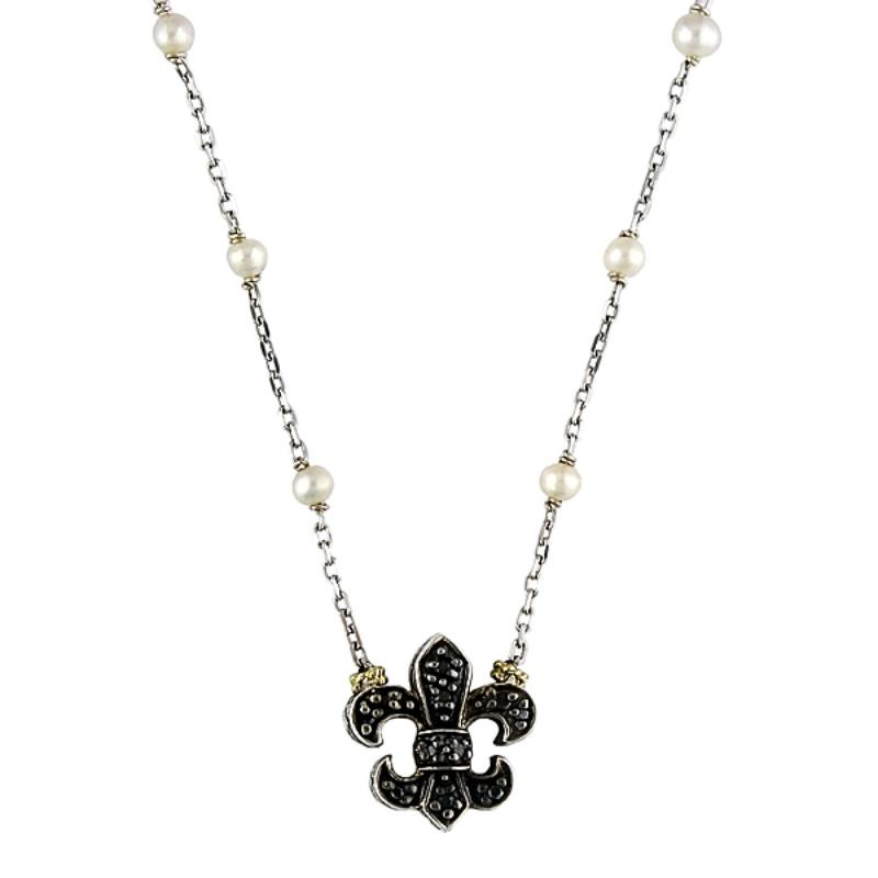 18K/Silver Pearl-Black Dia Fleur De Lis Necklace