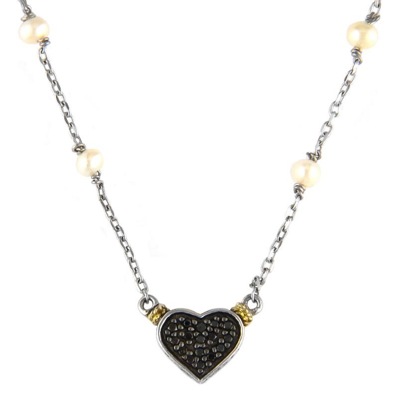 18K/Silver Pearl-Black Diamond Heart Necklace