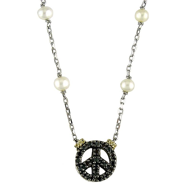 18K/Silver Pearl-Black Diamond Peace Sign Necklace