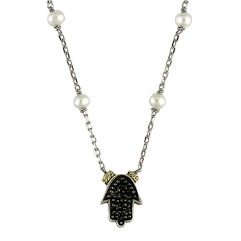 18K/Silver Pearl-Black Diamond Hand Necklace