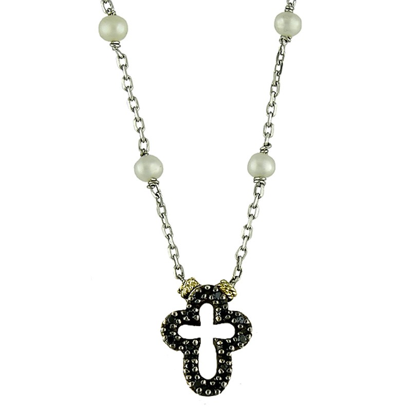 18K/Silver Pearl-Black Diamond Cross Necklace