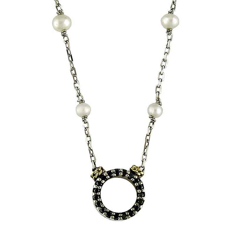 18K/Silver Pearl-Black Diamond Circle Necklace