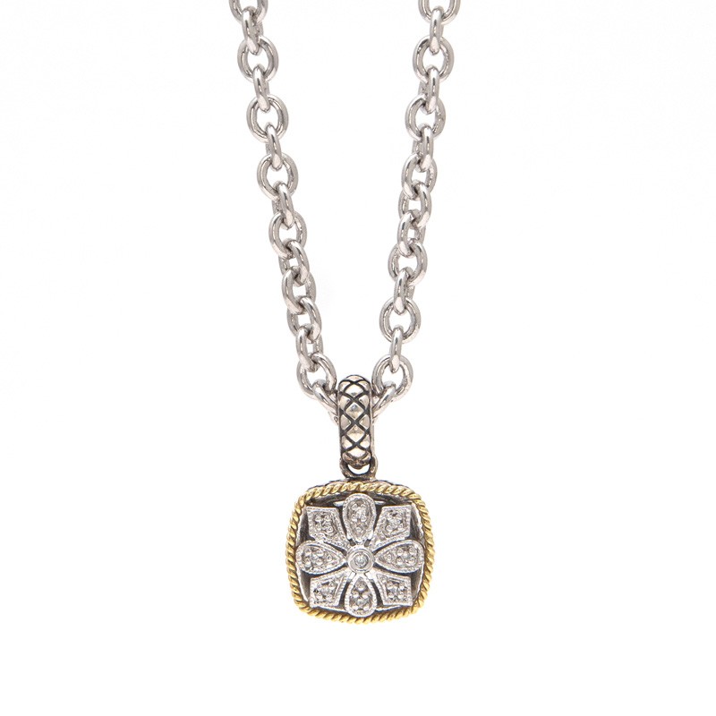 ANDREA CANDELA STERLING SILVER & 18KYG DIAMOND ANTIQUE LOOK SQUARE PENDANT ON A ROLO CHAIN