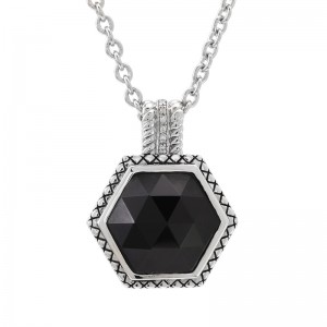 Sterling Silver Trebol Hexagon Bezel Onyx Necklace