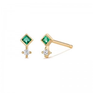 AURELIE GI "EMMIE" 14K YELLOW GOLD EMERALD AND DIAMOND POST EARRINGS