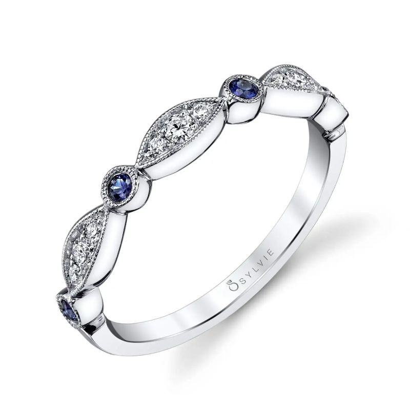 Blue Sapphire and Diamond Vintage Wedding Band - Talia