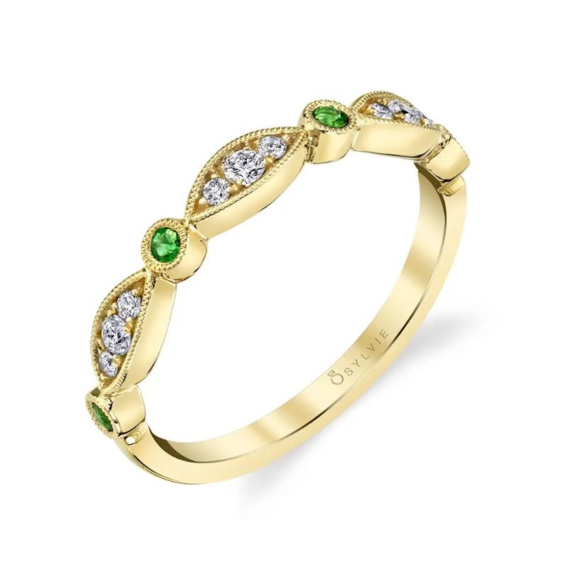 EMERALD AND DIAMOND VINTAGE WEDDING BAND - TALIA
